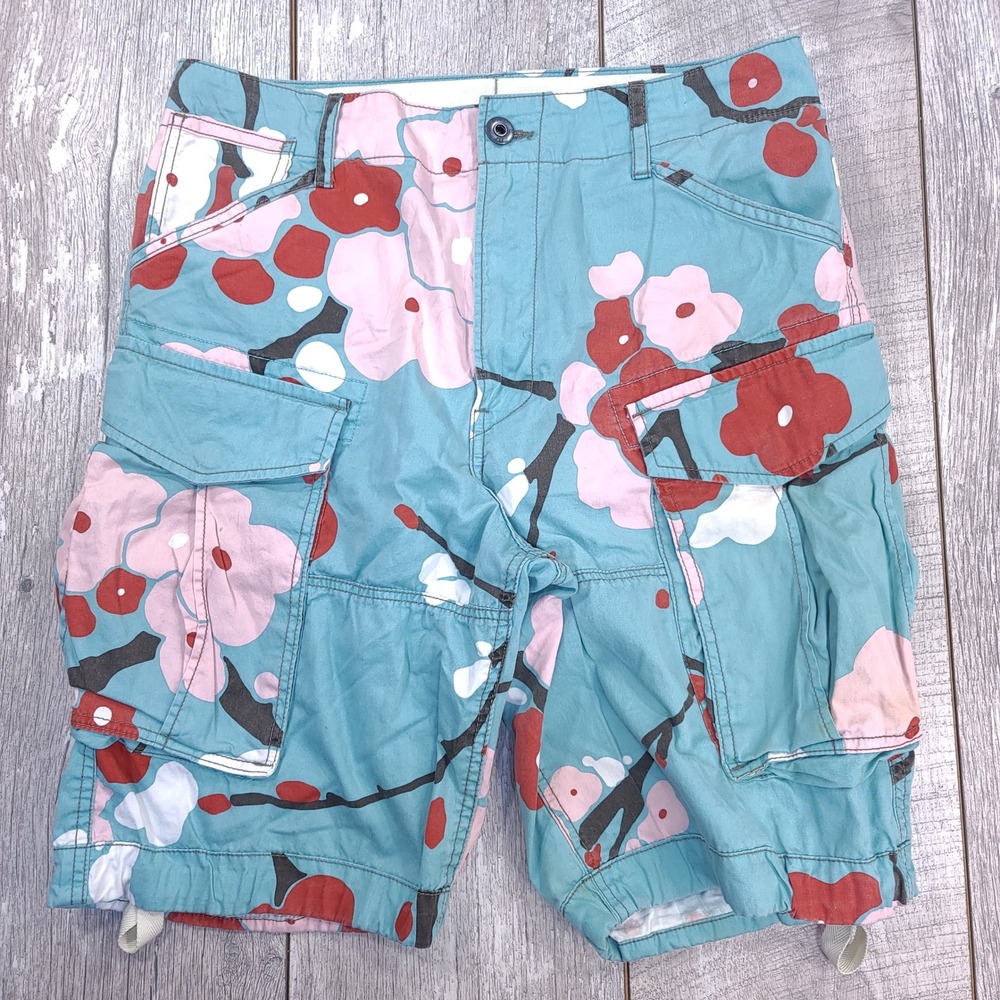 G-Star Raw Cargo Shorts Mens 30 Teal Pink Floral Rovic Loose Baggy Y2K